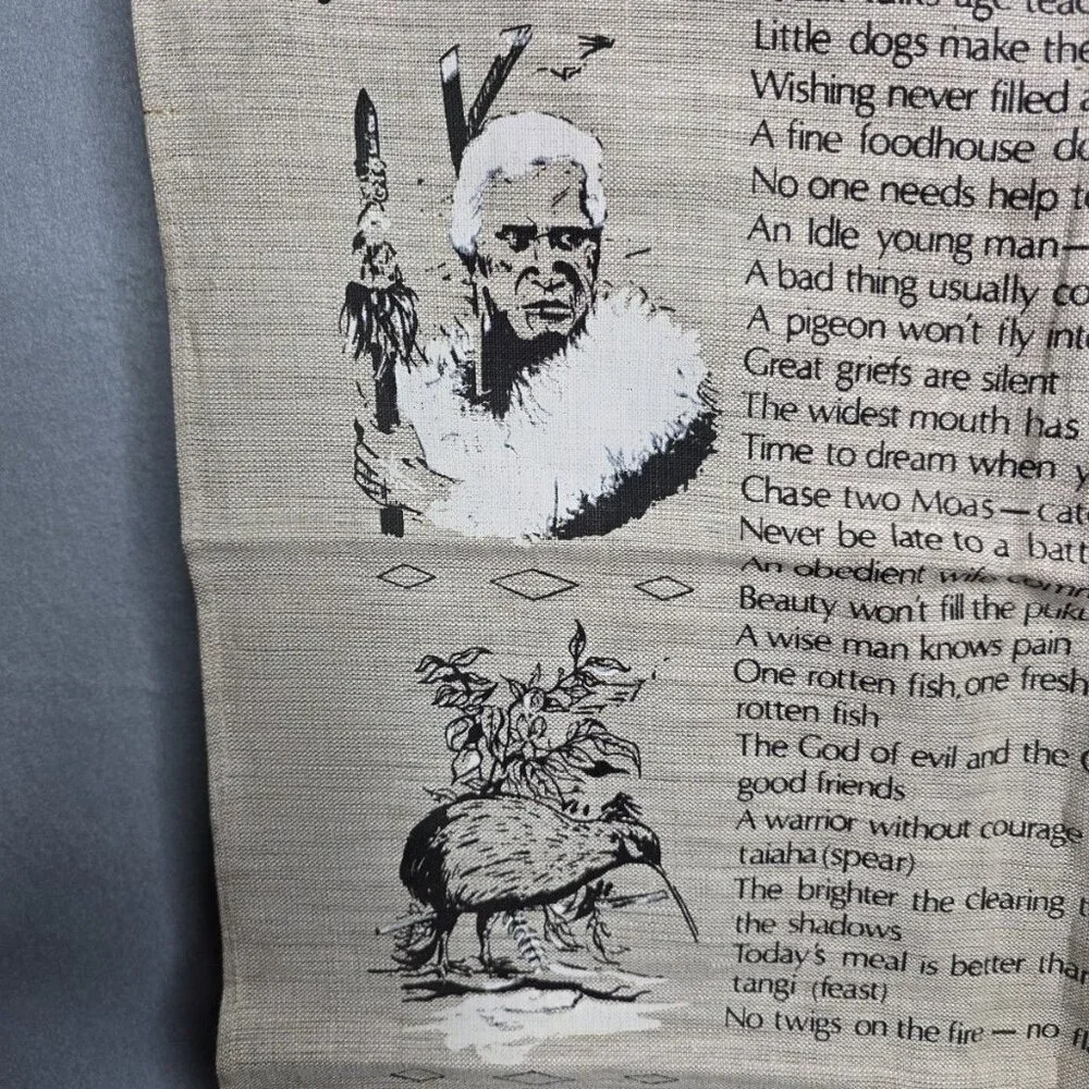 Vtg Maori Wisdom Proverbs Natural Flax Linen Tea Hand Towel New Zealand 19 x 29